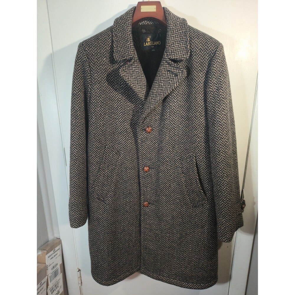Vtg 70s Lakeland Herringbone Wool Tweed Overcoat Men 42 Faux Fur Lined Heavy